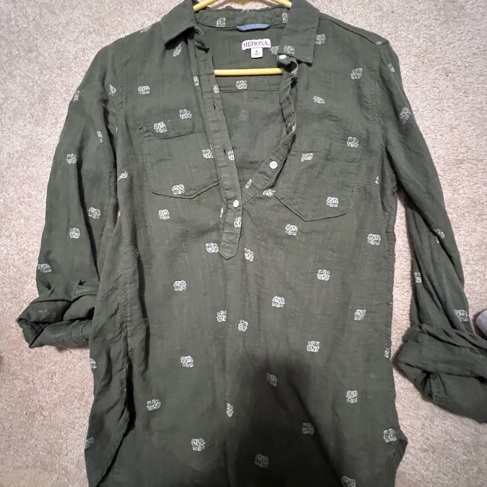 Merona Olive Green Elephant Patterned Shirt